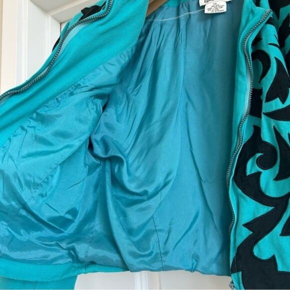 Vintage 1990s Cropped Jacket Shoulder Pads Western Teal Turquoise Dolly Parton M - Picture 4 of 11